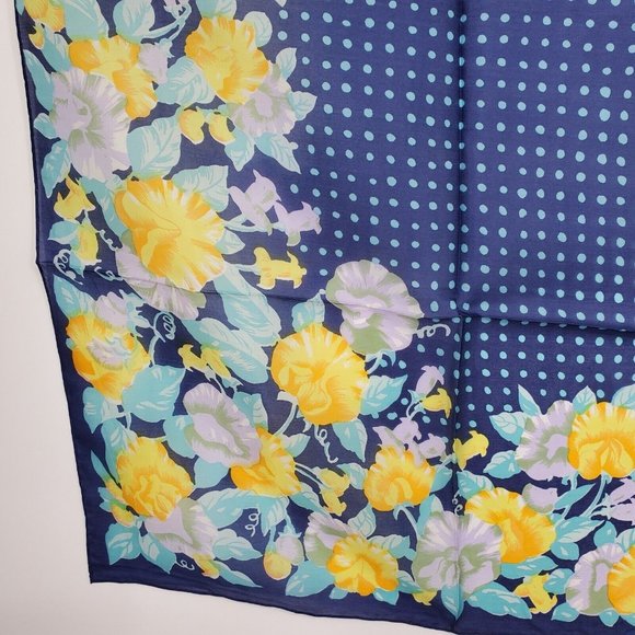 Vintage Silk Scarf Square Blue Yellow Floral Polka Dot 29"  Hand Rolled - Picture 3 of 10